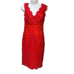 Tadashi Shoji Red Floral Lace V-Neck Sheath Dress 4  Banded Waist Sleeveless